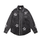Men Long Sleeved T Shirt Five-Pointed Star Embroidered Denim Long Sleeve Shirt Men's Spring and Autumn Washed and Worn Denim Jacket