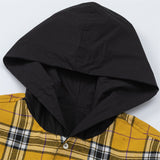 Men Long Sleeved T Shirt Colorblock Hood Plaid Long Sleeve Shirt Men Spring and Autumn Loose Jacket Coat