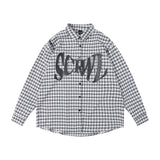 Men Long Sleeve T Shirt Plaid Letter Print Hollow out Long Sleeve Shirt Loose Casual Shirt