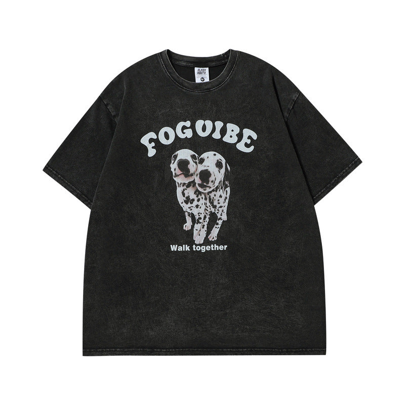Men T Shirt Vintage Printed Washed Distressed Couple Short Sleeve T-shirt