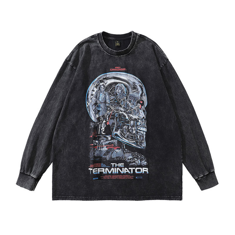 Men Long Sleeve Shirt Printed Washed round Neck Long Sleeve Bottoming T-shirt Men and Women Vintage