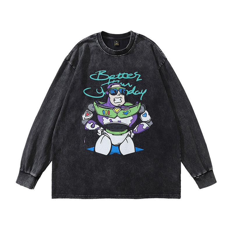 Men Long Sleeve Shirt Vintage Cartoon Printed Distressed Long Sleeve T-shirt for Men and Women Couple