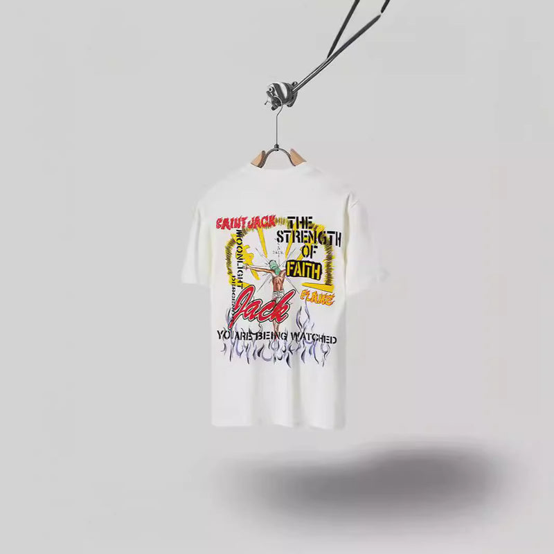 Mens T-shirts Travis Scott Cactus Jack x Utopia x SAINT Flame Cerberus print short sleeves