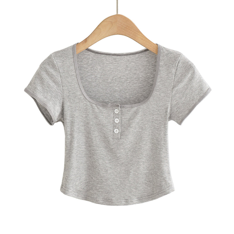 Women T-Shirt Summer Short-Sleeved T-shirt Female Slim Fit Square Collar
