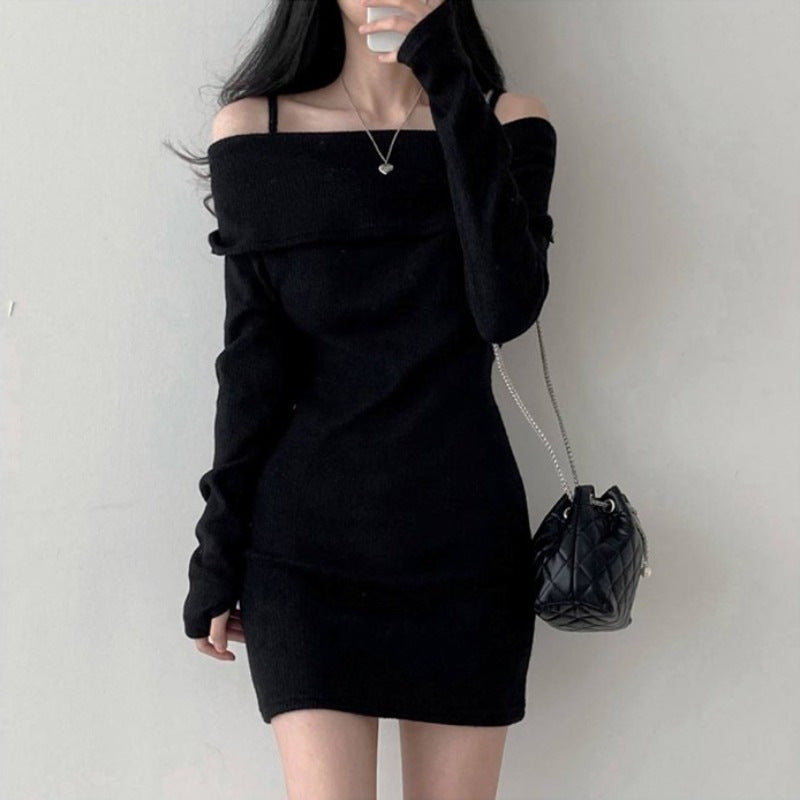 Women Dresses Knitted Dress off-the-Shoulder Sling Hip Skirt Long Sleeve Skirt