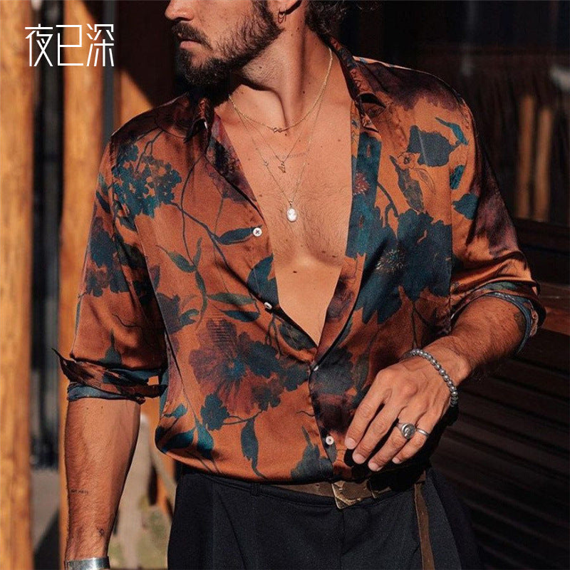 Men Shirt Fall Men's Clothing Loose Printed Long Sleeve Shirt