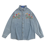 Men Long Sleeved T Shirt Denim Long Sleeve Shirt Men Spring and Autumn Floral Embroidery Washed Faded Baggy Coat