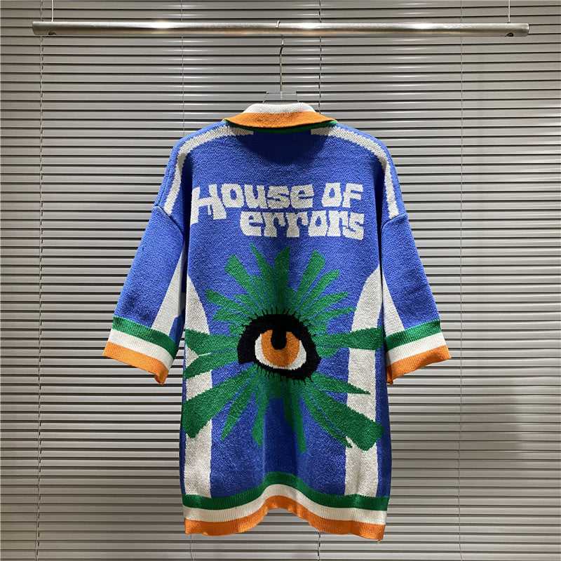 House Of Errors T-Shirt Eye of Truth Blue Five-Color Jacquard Polo Neck Knitted Sweater T-Shirt
