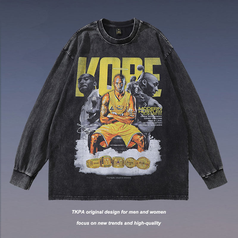 Men Long Sleeve Shirt Vintage Portrait Washed Long Sleeve T-shirt Men and Women Distressed