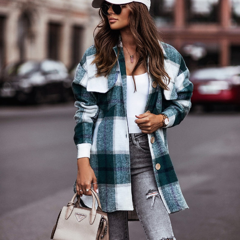 Plaid Trench Coat Mid-Length Plaid Casual Shirt Coat plus Size Women's Clothing