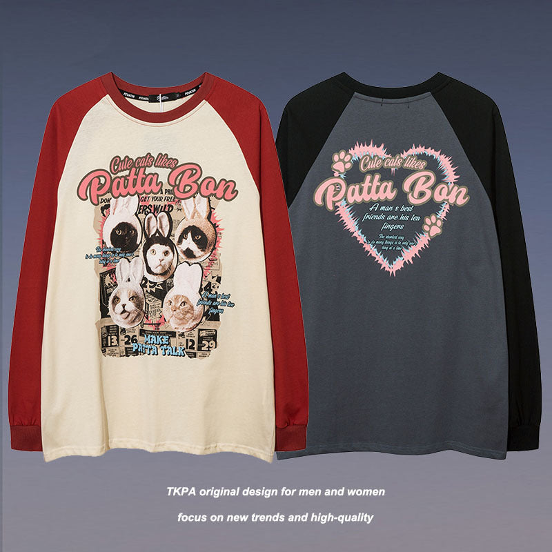 Men Long Sleeve Shirt Contrast Color Raglan Couple Long Sleeve Bottoming T-shirt Retro Men and Women