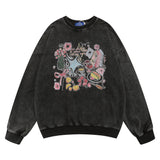 Men Hoodie Washed Distressed Printed Sweater Men's round Neck Loose Crew Neck Top Spring and Autumn