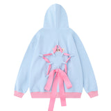 Men Hoodie Two-Way Zipper Hooded Jacket Five-Pointed Star Rope Bow Bandage Sweater