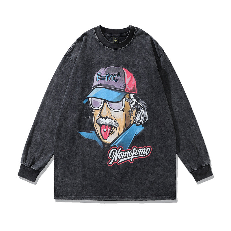 Men Long Sleeve Shirt Portrait Printing Washed and Worn Long Sleeve T-shirt Base Hoodie Men and Women