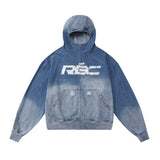 Men Denim Jacket Hooded Denim Hoodie Men's Contrast Color Letter Printed Jacket Sweater