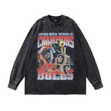 Men Long Sleeve Shirt Vintage West Coast Hiphop Cartoon Distressed Long Sleeve T-shirt Men and Women Washed