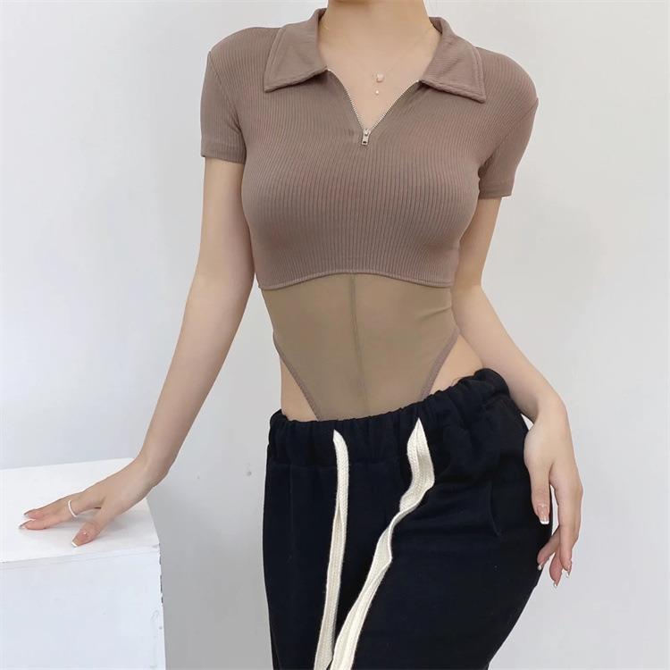 Women T-Shirt Spring/Summer Lapel Mesh Stitching Fashion Tight