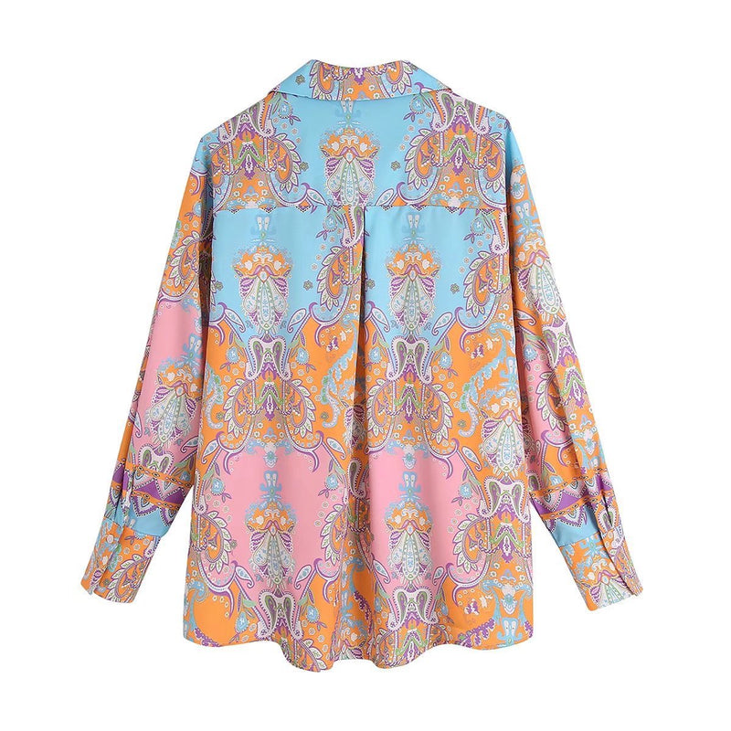 Women T-shirt Summer Lapels Printed Long Sleeve Shirt Cardigan