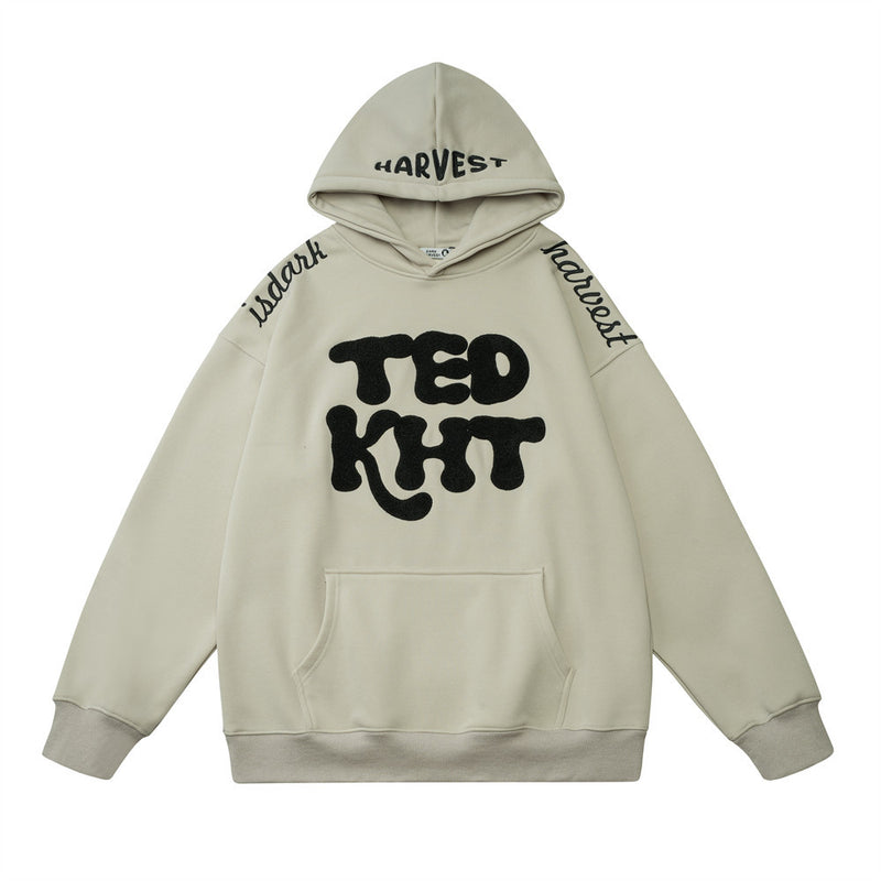 Men Fleece Lined Hoodie Embroidered Letter Hooded Sweater Men's Ins Loose Casual Autumn and Winter