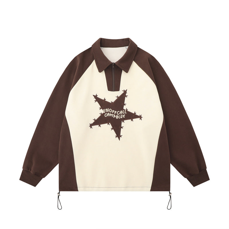 Men Hoodie Five-Pointed Star Embroidered Sweater Men's Loose Color Contrast Patchwork Lapel
