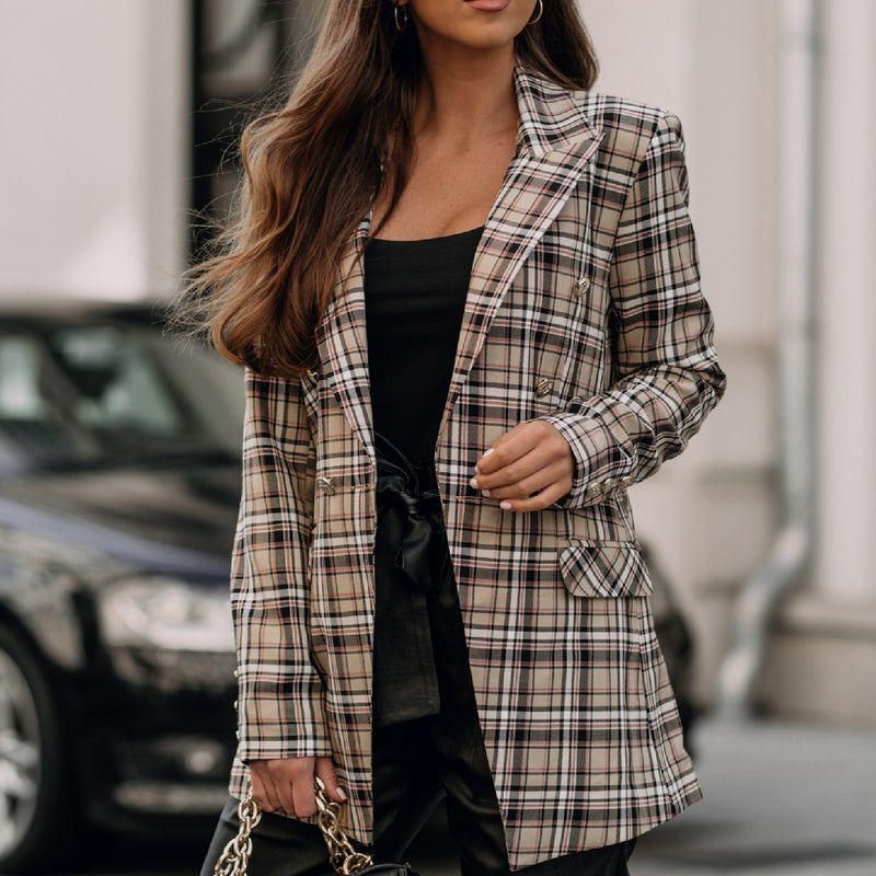 Plaid Trench Coat Fashion Plaid Slim Fit Printed Blazer for Women
