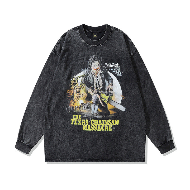 Men Long Sleeve Shirt Dark Retro Washed Long Sleeve T-shirt Men Hip Hop