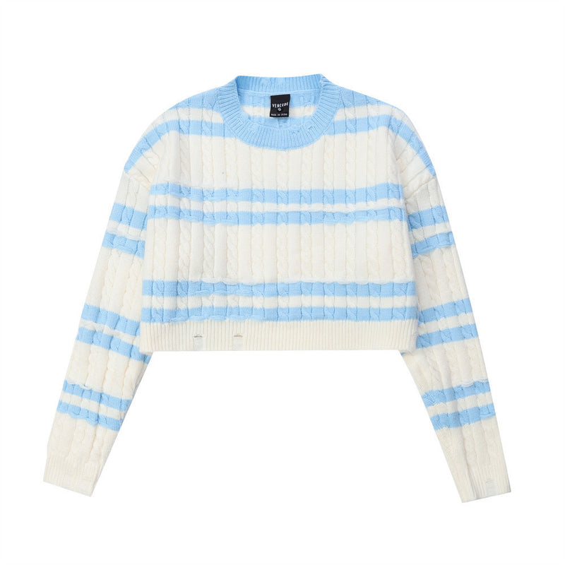 Women Sweater Striped Short Style Knitwear Girls' Spring and Autumn Long Sleeve