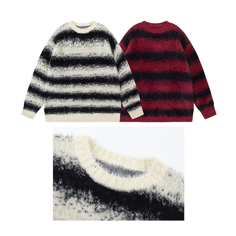 Men Long Sleeve Shirt Navy Fur Striped Knitted Couple's Tops All-Match Sweater for Men and Women