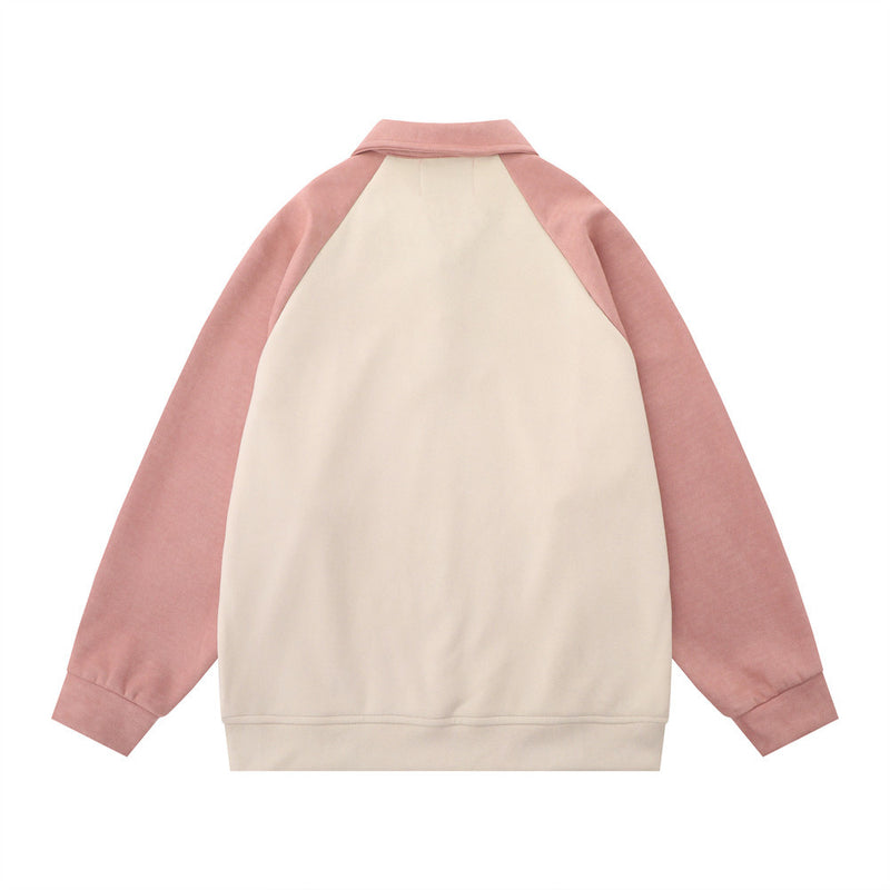 Men Hoodie Color-Block Raglan Sleeves Lapel Sweater Long Sleeve Pullover Polo Collar Loose Top