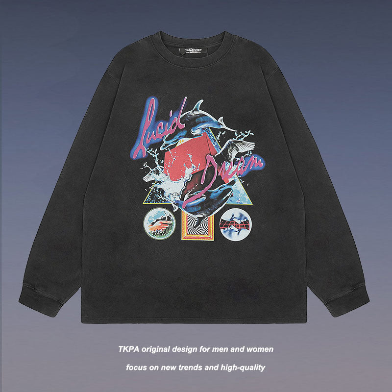 Men Long Sleeve Shirt Fashion Brand Heavy Washed Oversize Long Sleeve Bottoming T-shirt Men and Women Ins