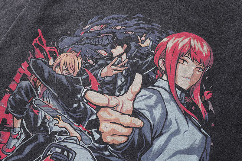 Men Long Sleeve Shirt Japanese Cartoon Anime Print Vintage Long Sleeve T-shirt Men and Women Washed Distressed
