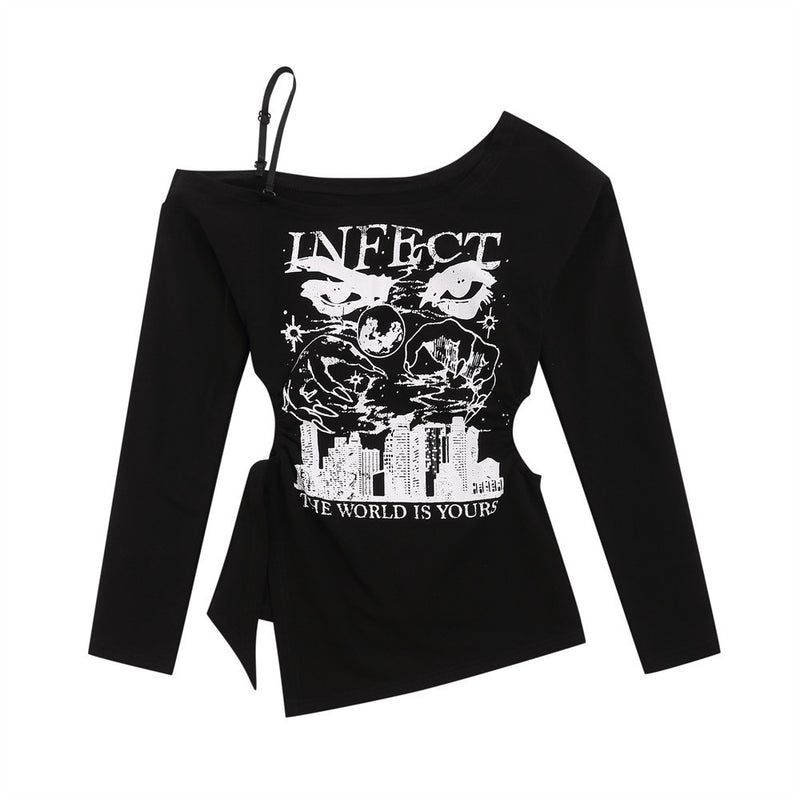 Women Long Sleeve T-Shirt off-Shoulder Printed Long Sleeve T-shirt Women's Fall Slim Fit Fashion Brand