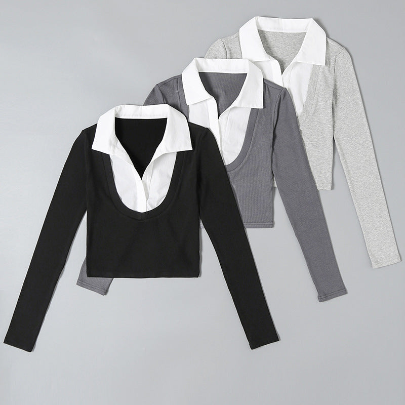 Women T-Shirt Shirt Lapel Short Slim Fit Long-Sleeved T-shirt