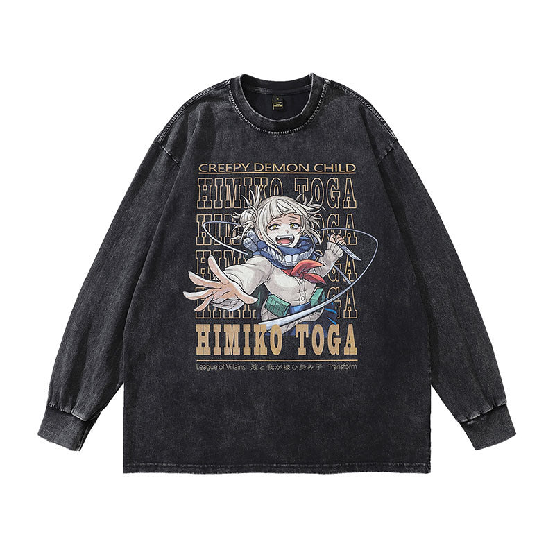 Men Long Sleeve Shirt Cartoon Anime Print Distressed Long Sleeve T-shirt Men and Women Hip Hop