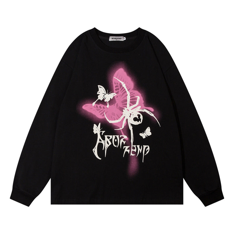 Men Hoodie Butterfly Spider Printed Crew Neck Sweatshirt