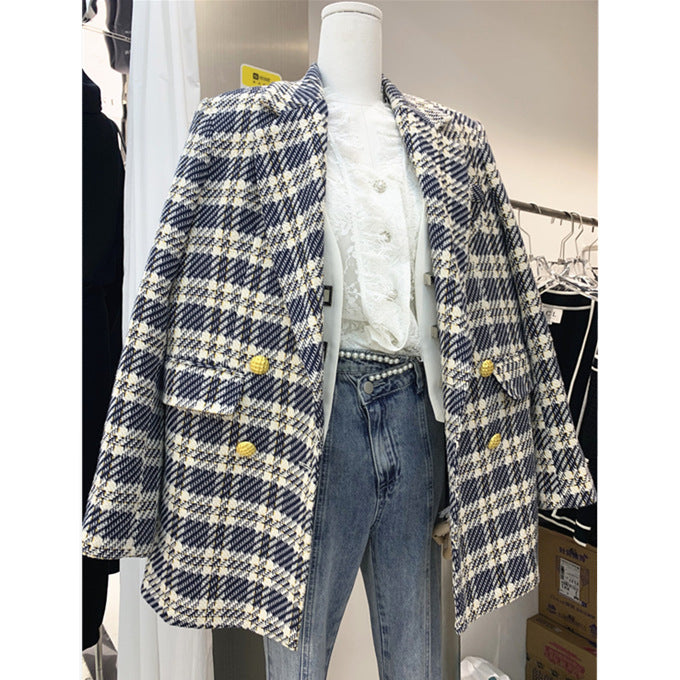 Plaid Trench Coat Autumn and Winter Thickening Women's Korean-Style Long Sleeve Single Breasted