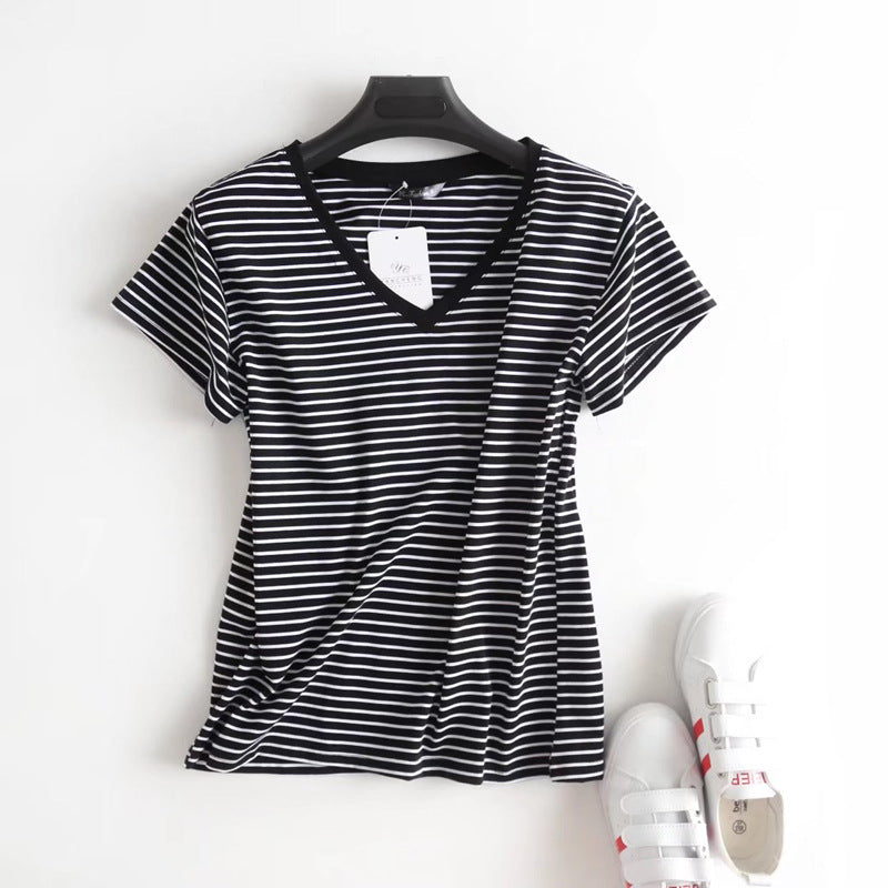 Women T-Shirt Summer Comfortable All-Match Short-Sleeved Striped T-shirt for Students