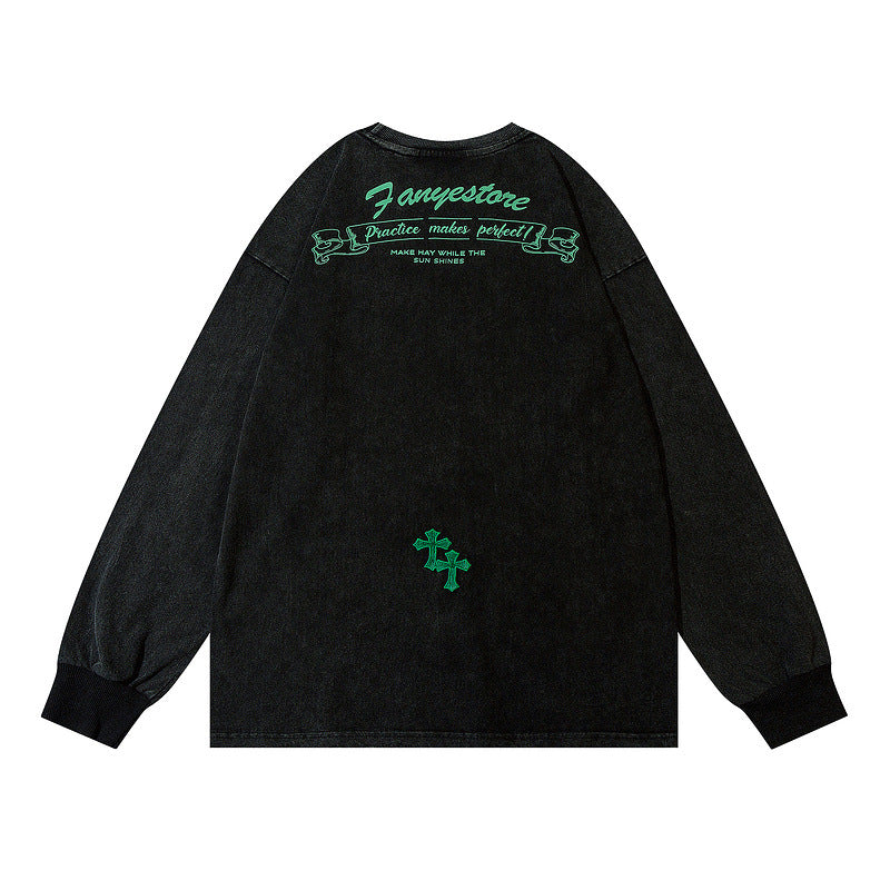 Men Long Sleeve Shirt Autumn Retro Alphabet Embroidered Distressed Long Sleeve T-shirt Men