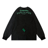 Men Long Sleeve Shirt Autumn Retro Alphabet Embroidered Distressed Long Sleeve T-shirt Men