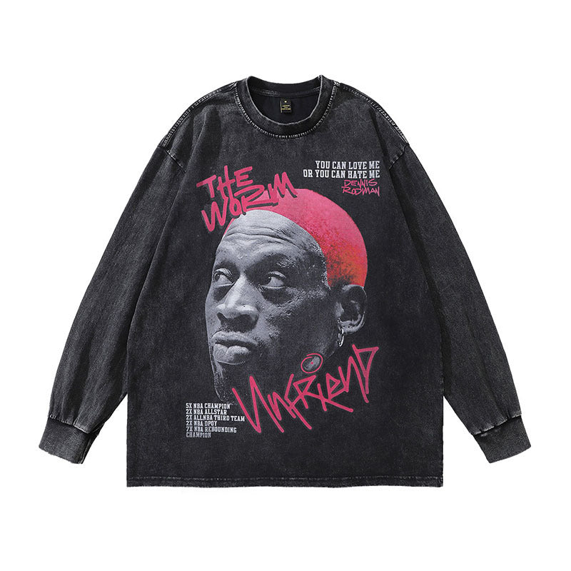 Men Long Sleeve Shirt Rodman Graffiti Printing Washed Long Sleeve Bottoming T-shirt for Men and Women