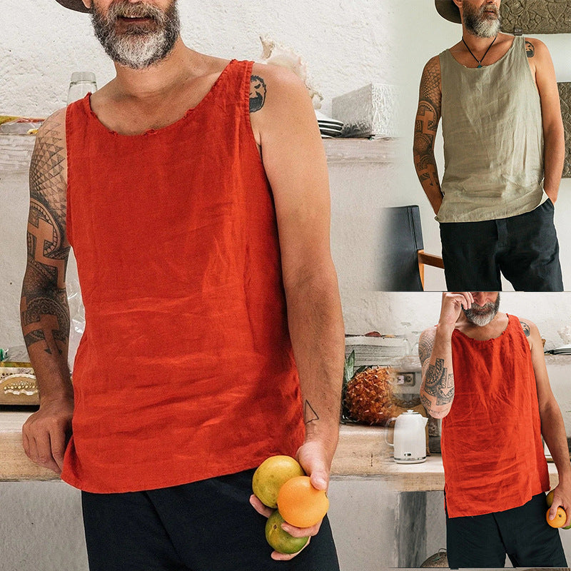 Men T Shirt Cotton Linen Vest Men's Top