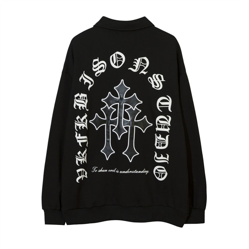 Men Hoodie Cross Printing Lapel Sweater Men's Loose Long Sleeve Polo Collar Pullover