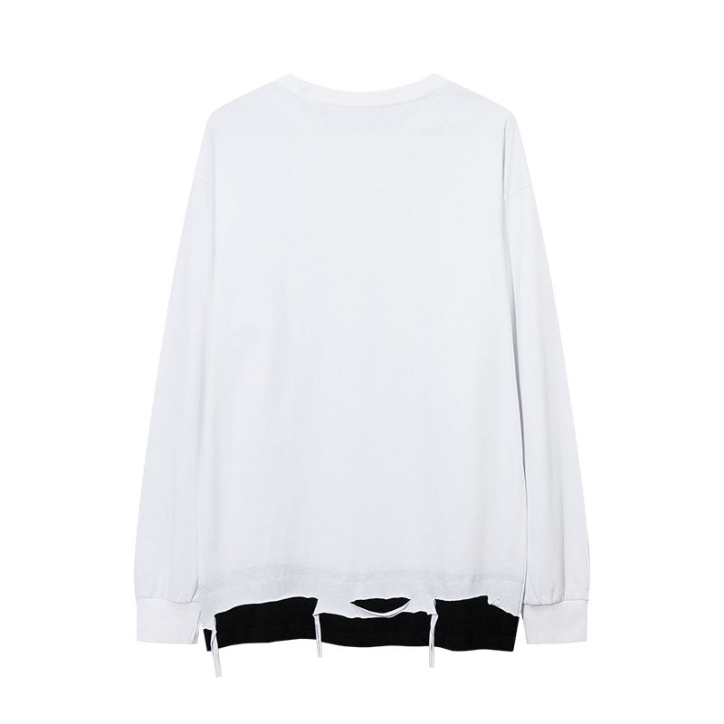 Men Long Sleeve Shirt Fashion Brand Solid Color Make Old Ripped Color Contrast Long Sleeve T-shirt Men's Loose