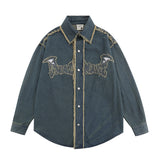 Men Long Sleeve T Shirt Paste Cloth Embroidery Denim Shirt Jacket Men's Spring and Autumn Long Sleeve Shirt