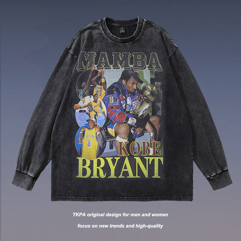 Men Long Sleeve Shirt Portrait Washed Distressed Long Sleeve T-shirt Men and Women Street