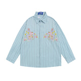 Men Long Sleeved T Shirt Cartoon Vertical Striped Long Sleeve Shirt Boys Casual Loose Lapels Shirt Ins Spring and Autumn