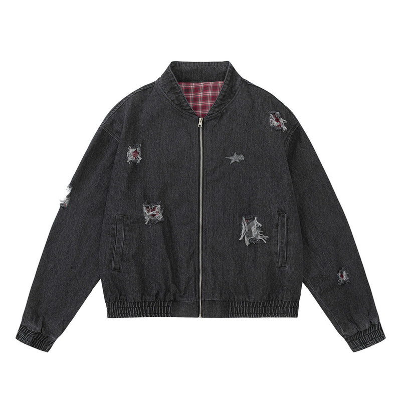 Men Denim Jacket Men's Autumn and Winter Loose Washed Distressed Denim Jacket