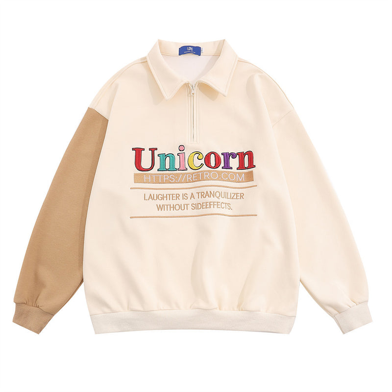 Men Hoodie Embroidered Letter Lapel Sweater Long Sleeve Polo Collar Pullover