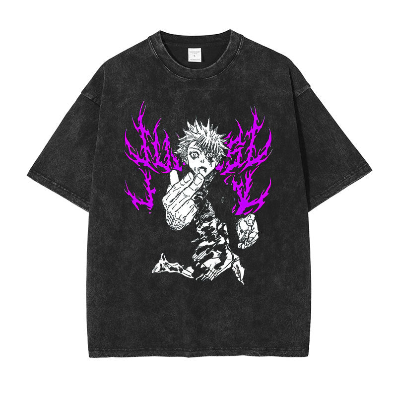 Anime Jujutsu T Shirt Vintage Washed Gojo Saturo T-shirt