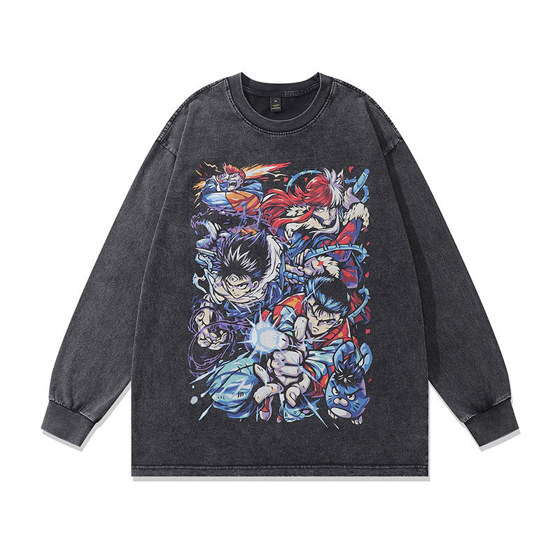 Men Long Sleeve Shirt Japanese Anime Print Vintage Long Sleeve T-shirt Men and Women Street Washed Distressed